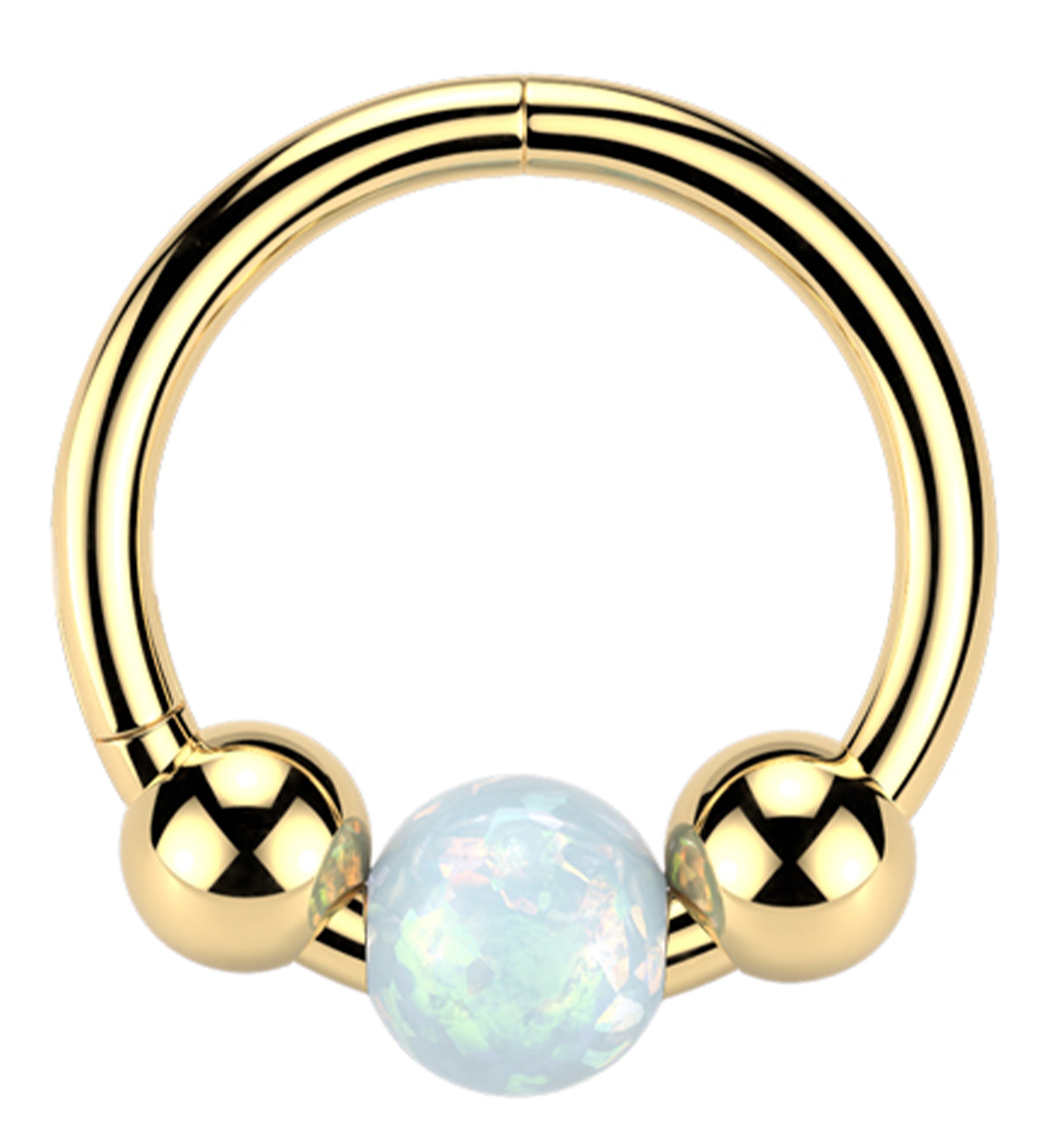 Gold PVD Triple Ball White Opalite Stainless Steel Hinged Segment Ring