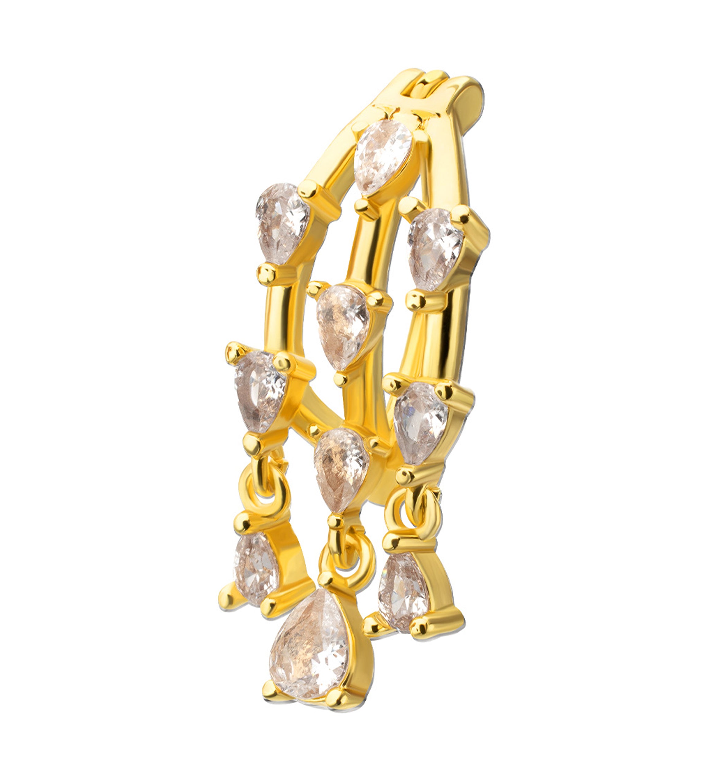 Gold PVD Triple Bar Teardrops Clear CZ Dangle Stainless Steel Hinged Belly Button Ring
