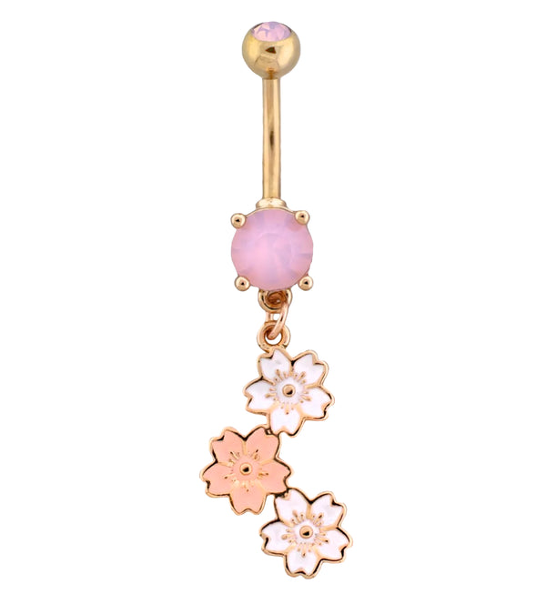 Gold PVD Triple Blush Flower Rose Quartz Dangle Stainless Steel Belly Button Ring