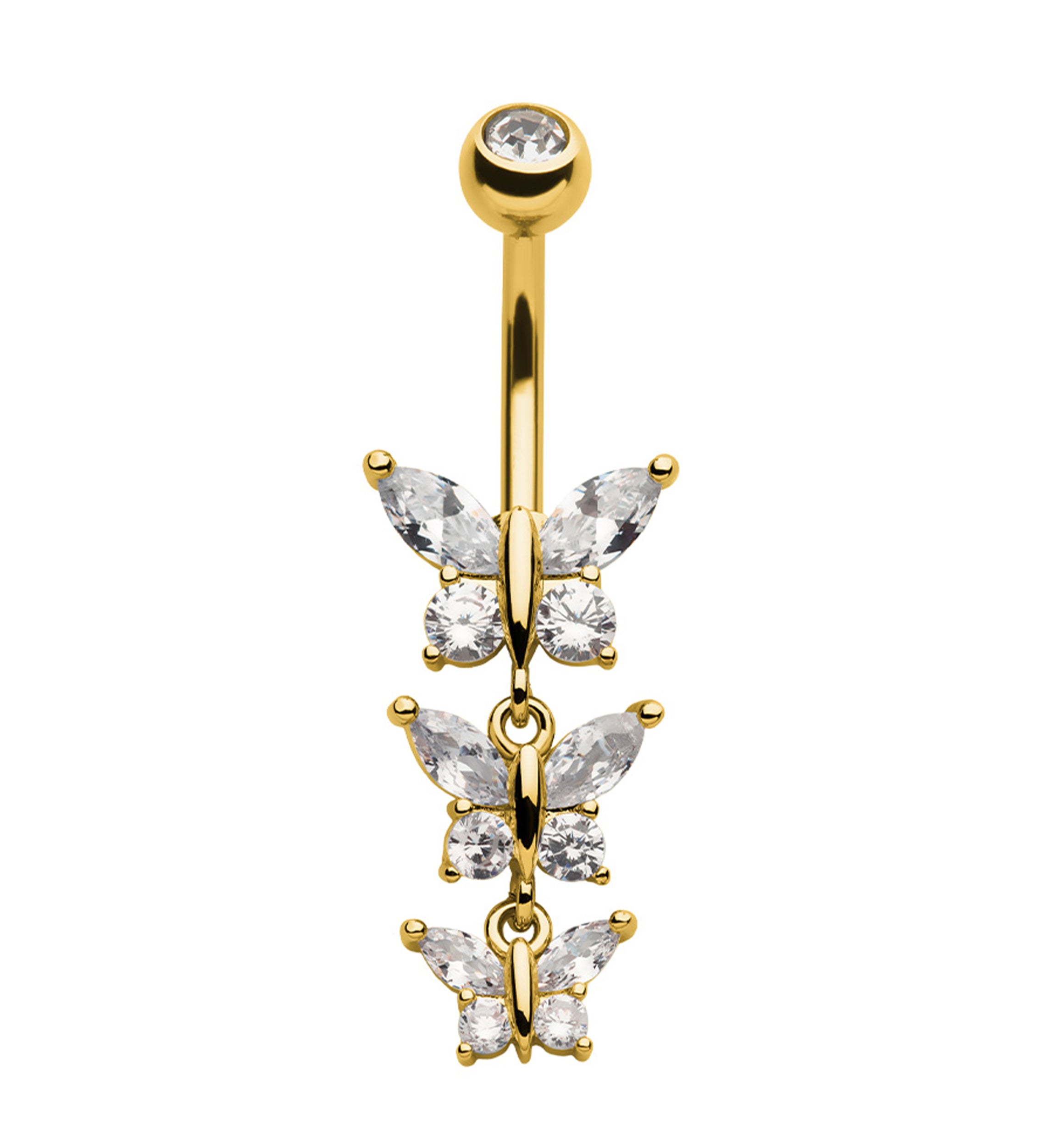Gold PVD Triple Butterfly Clear CZ Dangle Stainless Steel Externally Threaded Belly Button Ring