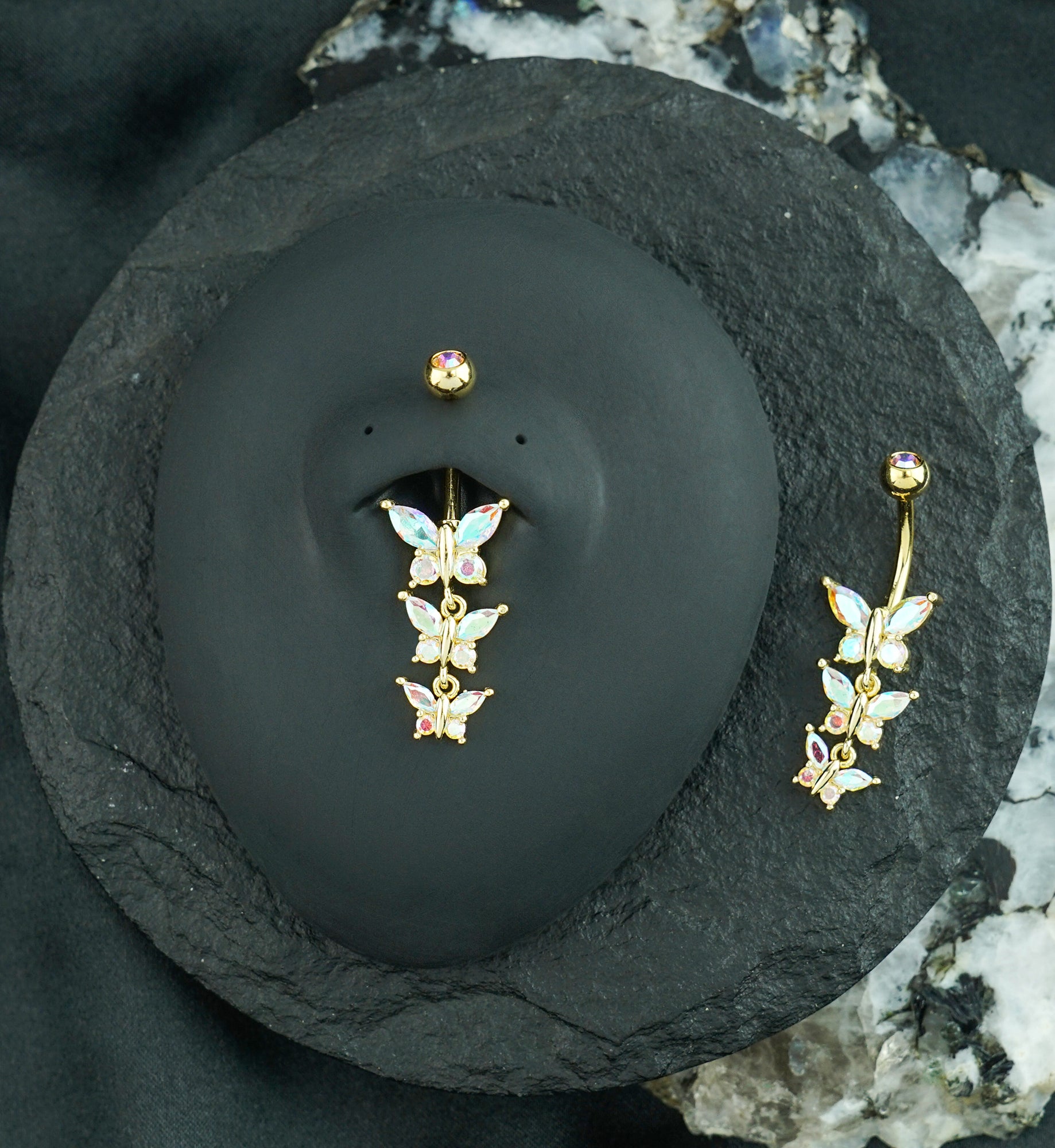 Gold PVD Triple Butterfly Rainbow Aurora CZ Dangle Stainless Steel Externally Threaded Belly Button Ring