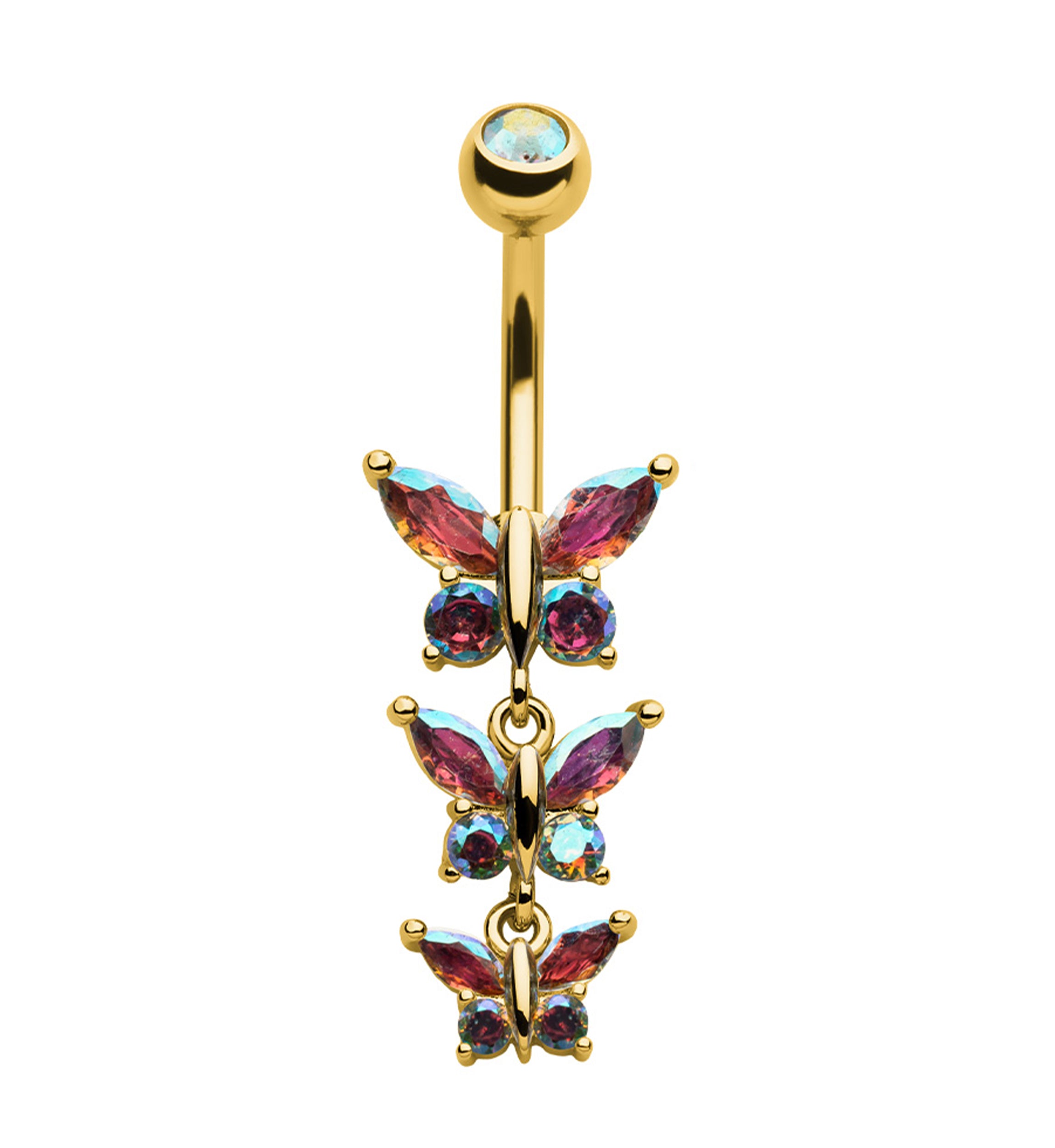 Gold PVD Triple Butterfly Rainbow Aurora CZ Dangle Stainless Steel Externally Threaded Belly Button Ring