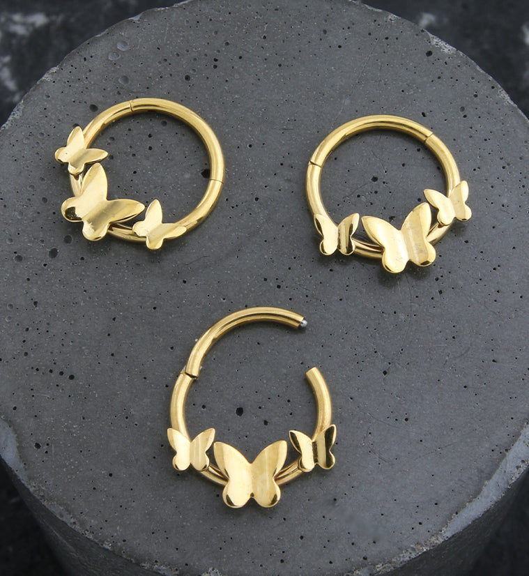 Gold PVD Triple Butterfly Stainless Steel Hinged Segment Ring