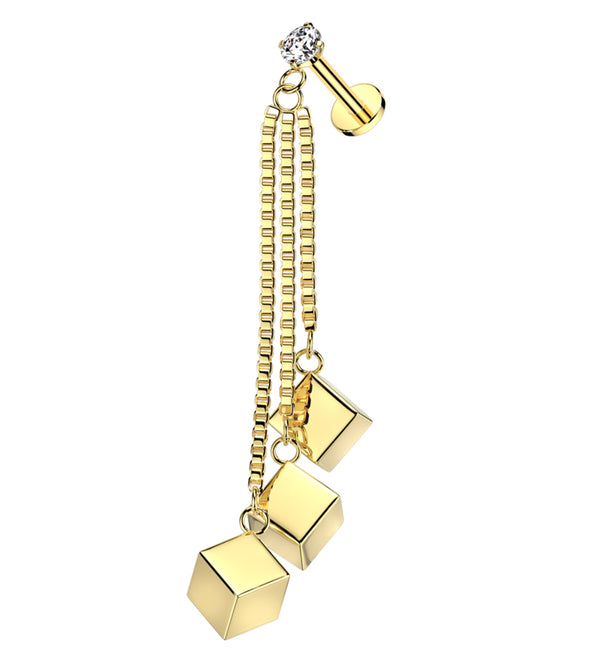 Gold PVD Triple Cube Dangle Chain Stainless Steel Internally Threaded Labret