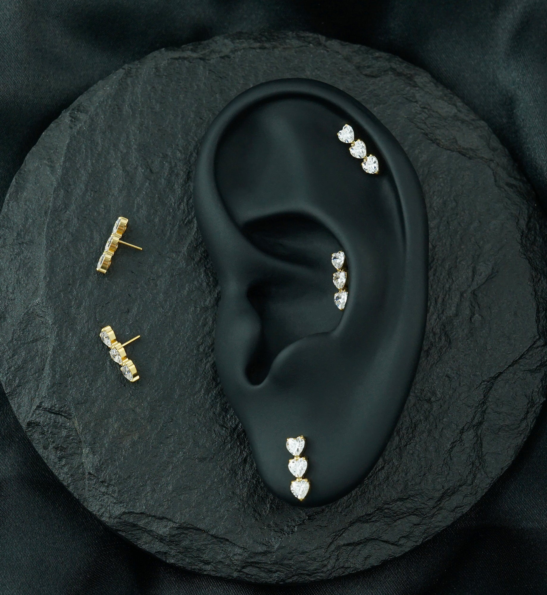 Gold PVD Triple Dip Heart Clear CZ Titanium Threadless Top