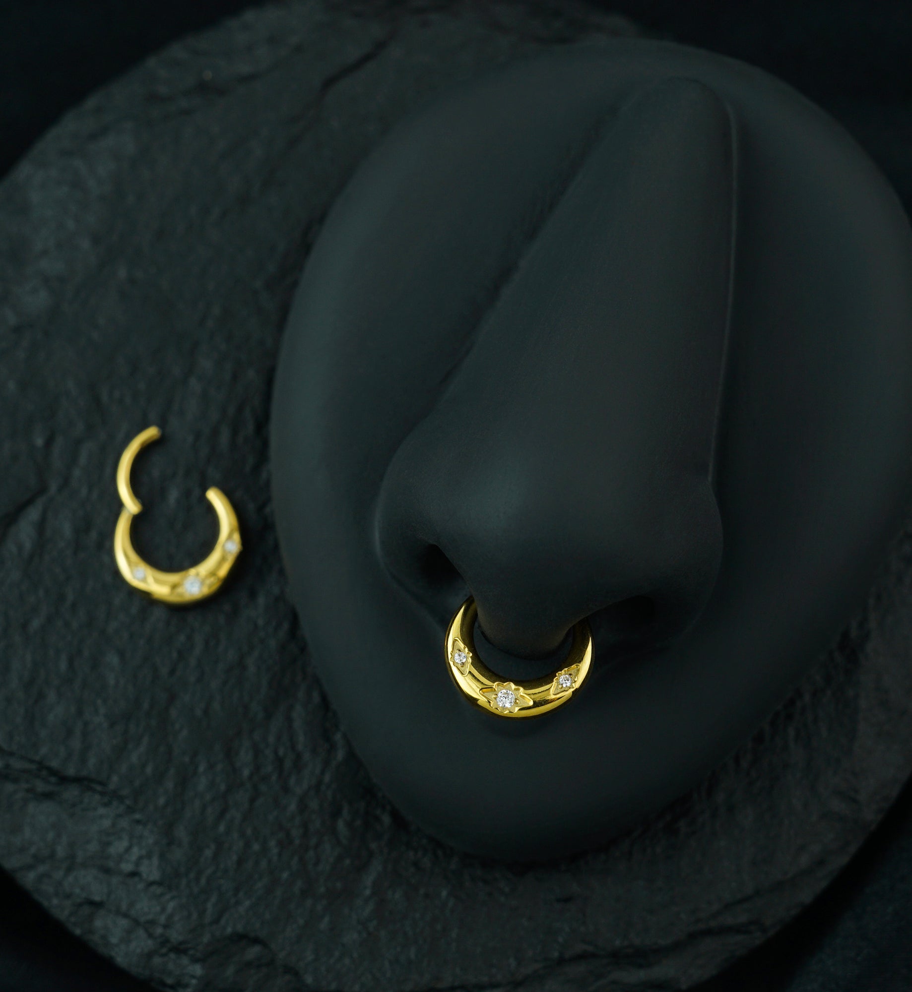 24kt Gold PVD Triple Etched Star Clear CZ Titanium Hinged Segment Ring