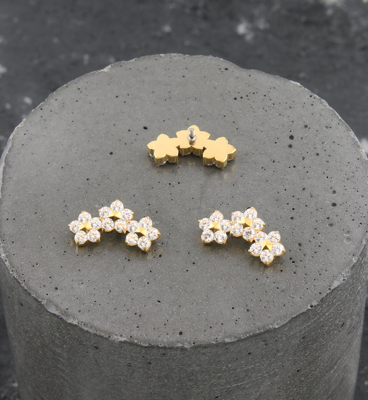 Gold PVD Triple Flower Clear CZ Internally Threaded Titanium Top