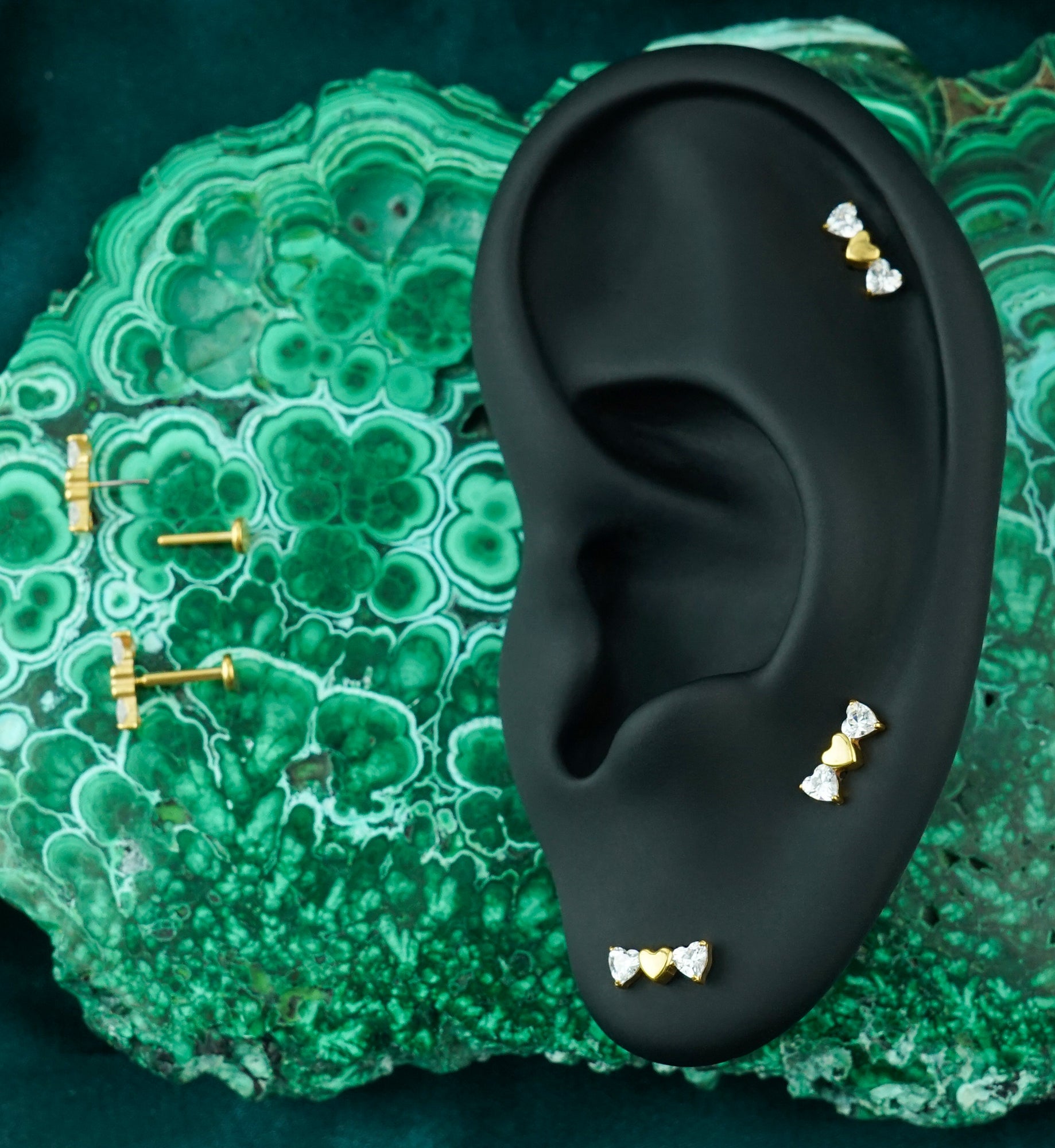 Gold PVD Triple Heart Clear CZ Titanium Threadless Labret