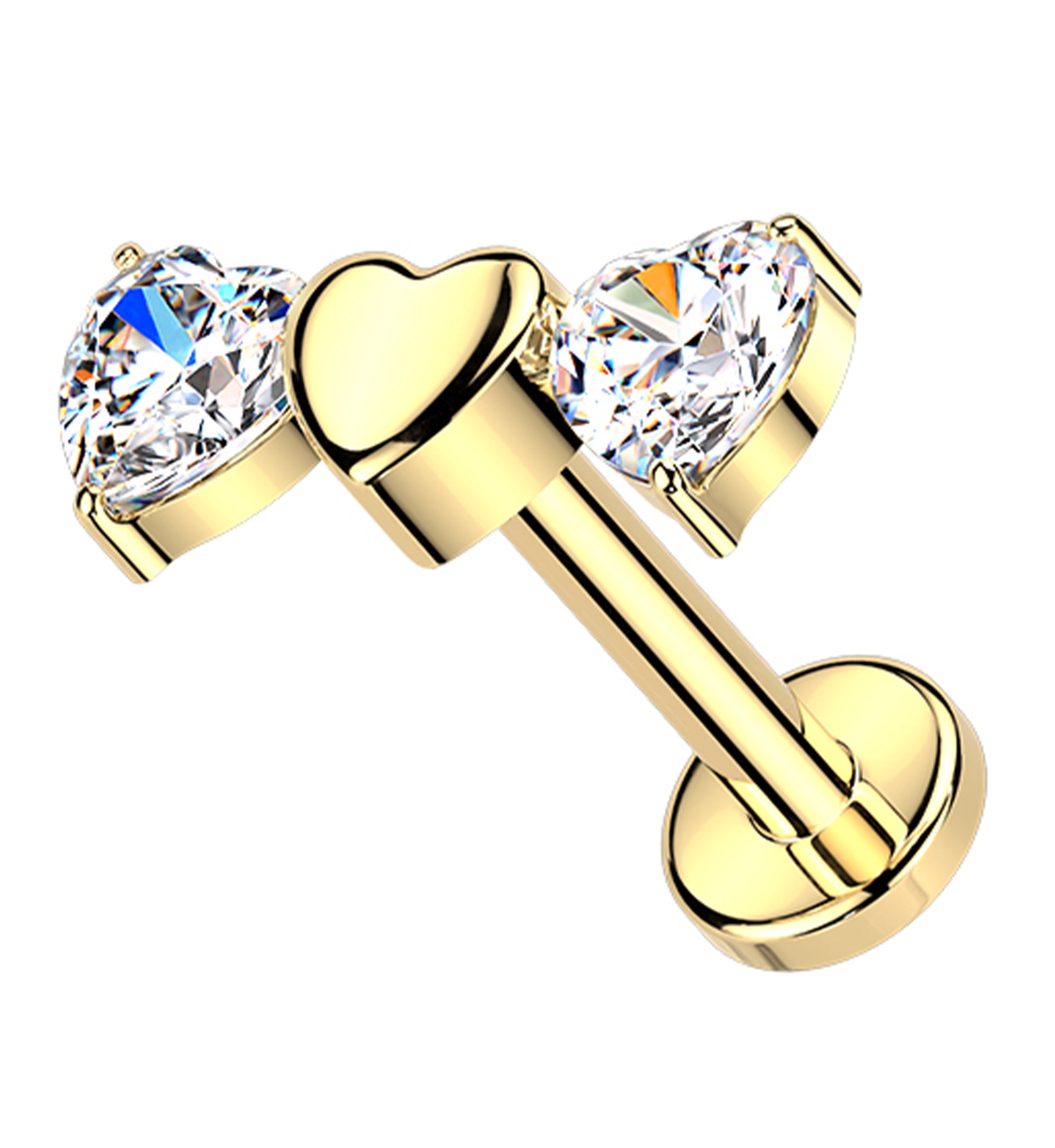Gold PVD Triple Heart Clear CZ Titanium Threadless Labret
