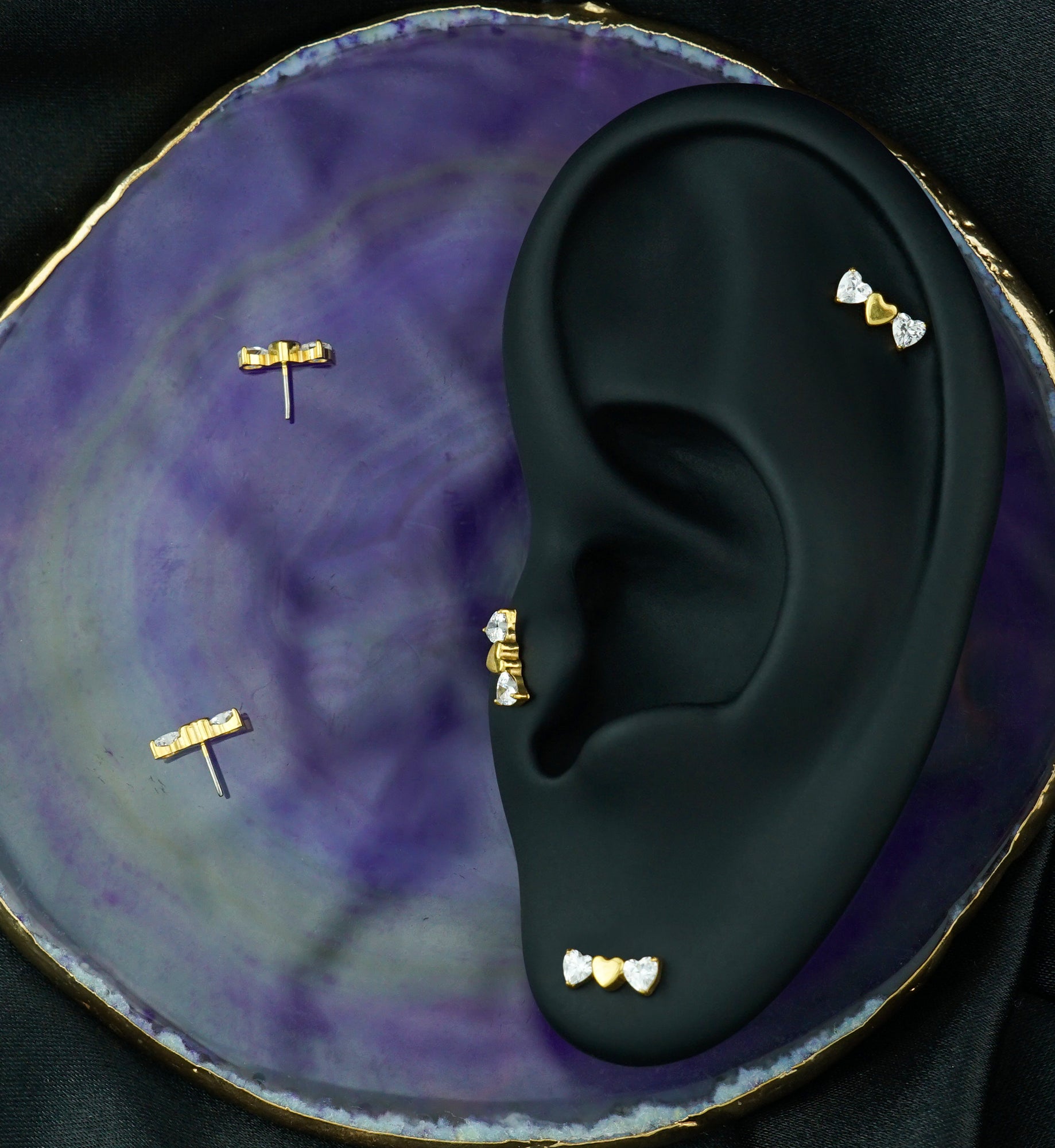 Gold PVD Triple Heart Clear CZ Titanium Threadless Top