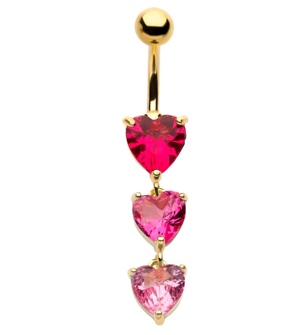 Gold PVD Triple Heart Pink CZ Dangle Stainless Steel Belly Button Ring