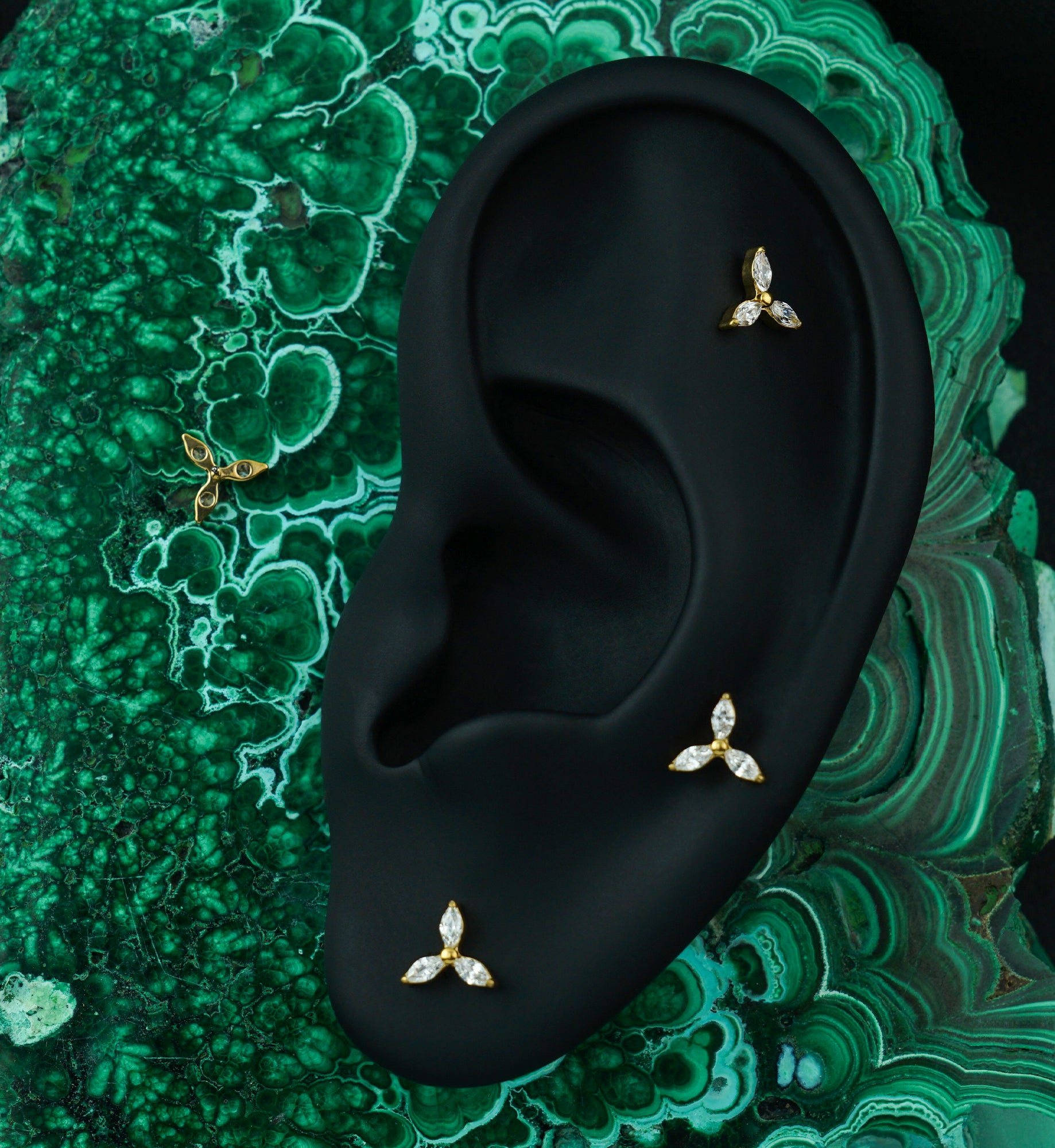 Gold PVD Triple Marquise CZ Pinwheel Titanium Threadless Top