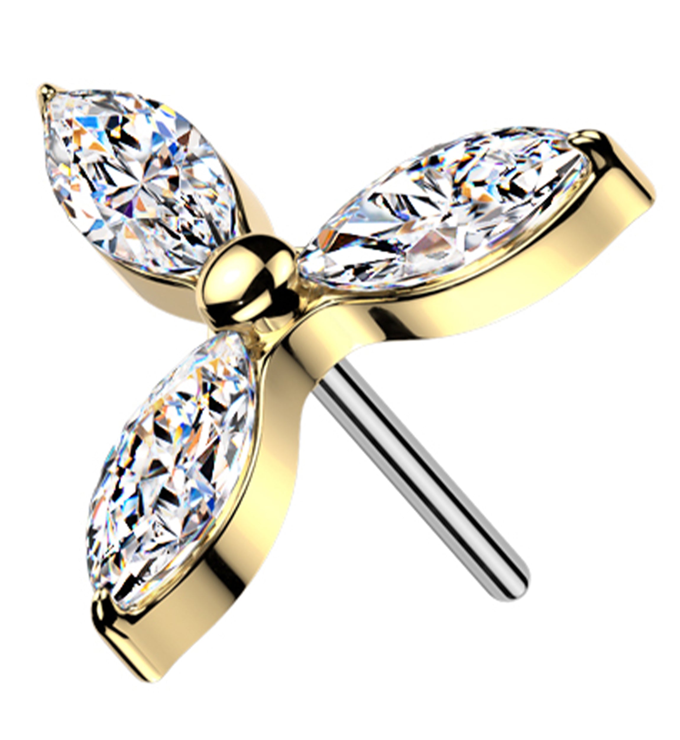 Gold PVD Triple Marquise CZ Pinwheel Titanium Threadless Top