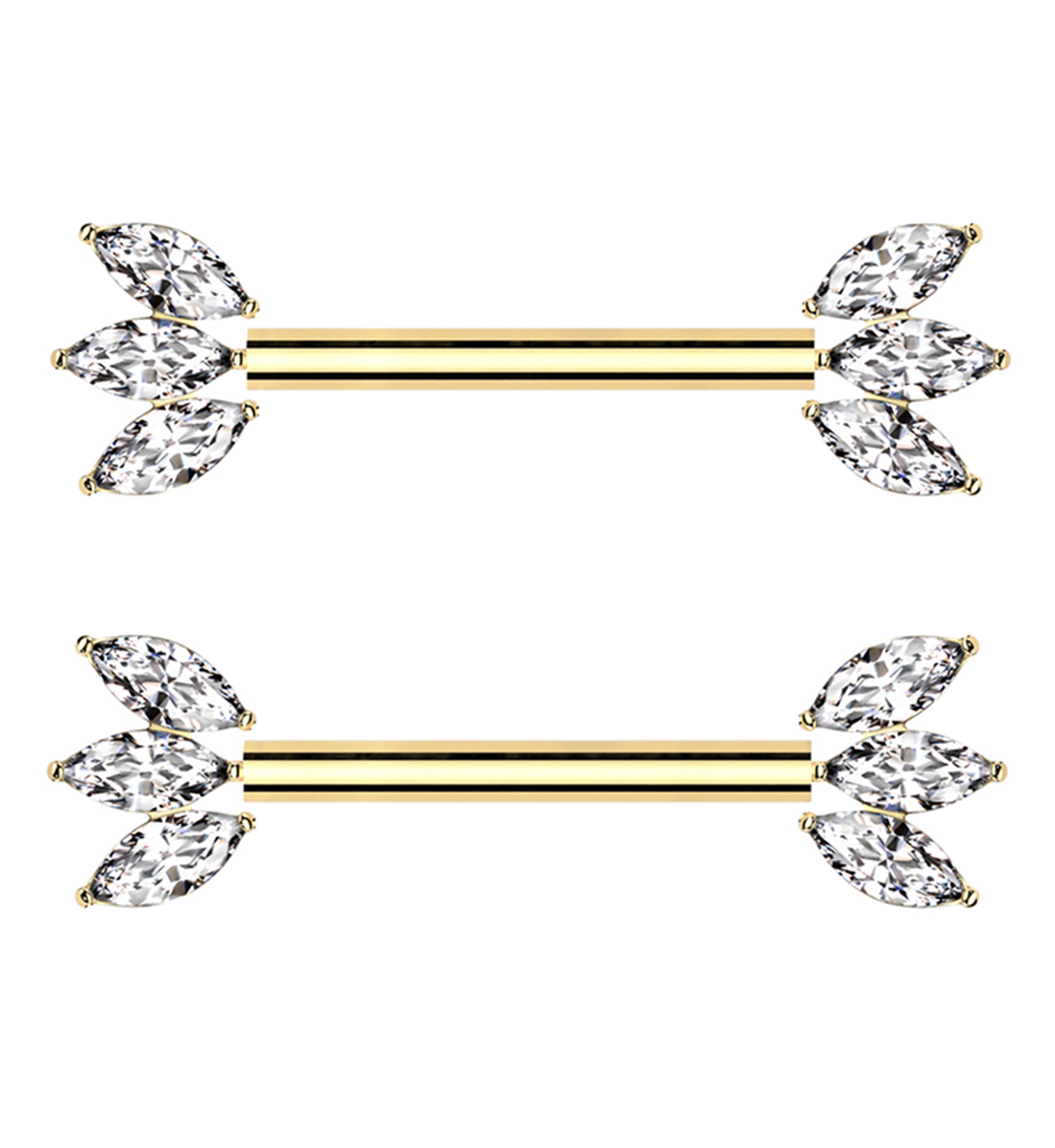 Gold PVD Triple Marquise CZ Threadless Titanium Nipple Barbell