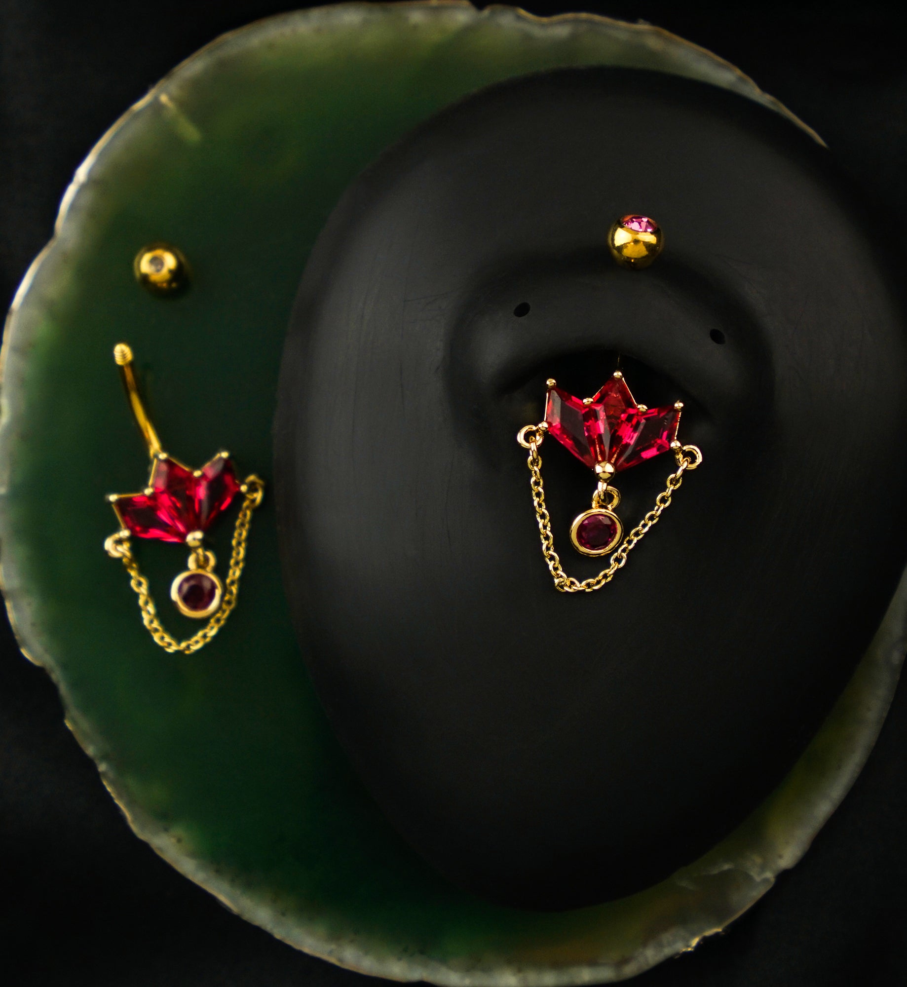 Gold PVD Triple Poly Fuchsia CZ Dangle Chain Stainless Steel Belly Button Ring