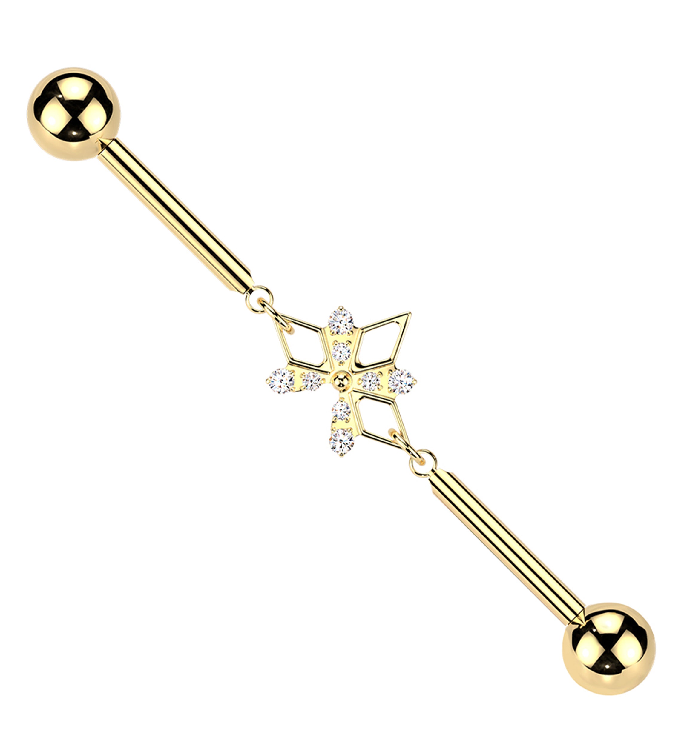 Gold PVD Triple Rhombus X Dangle Clear CZ Internally Threaded Titanium Industrial Barbell