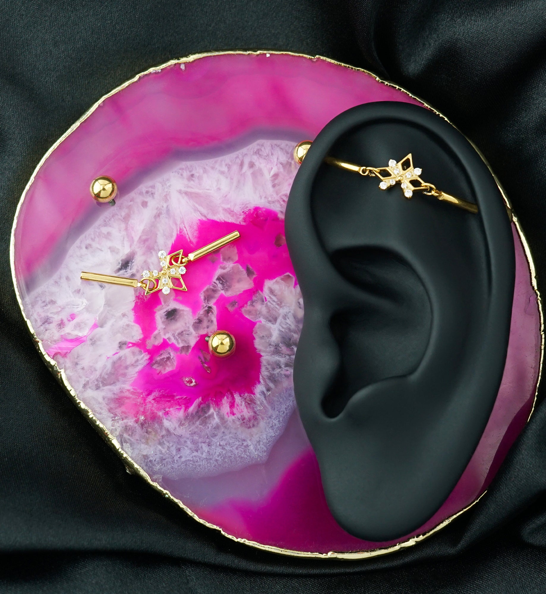 Gold PVD Triple Rhombus X Dangle Clear CZ Internally Threaded Titanium Industrial Barbell