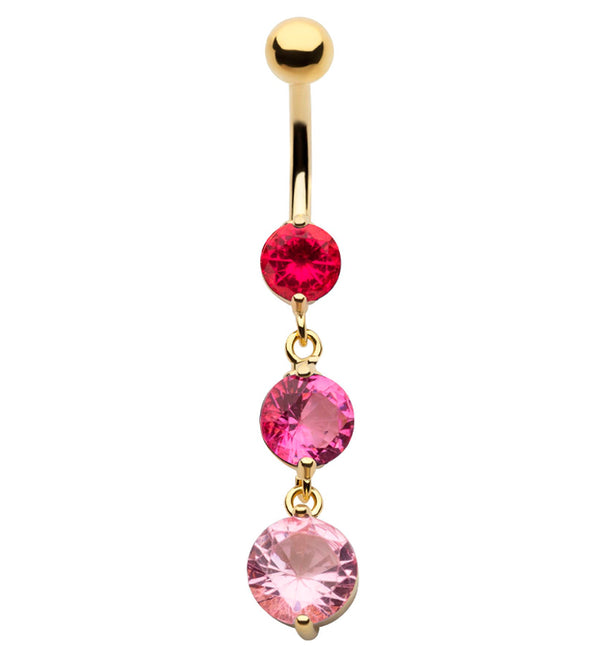 Gold PVD Triple Round Pink CZ Dangle Stainless Steel Belly Button Ring