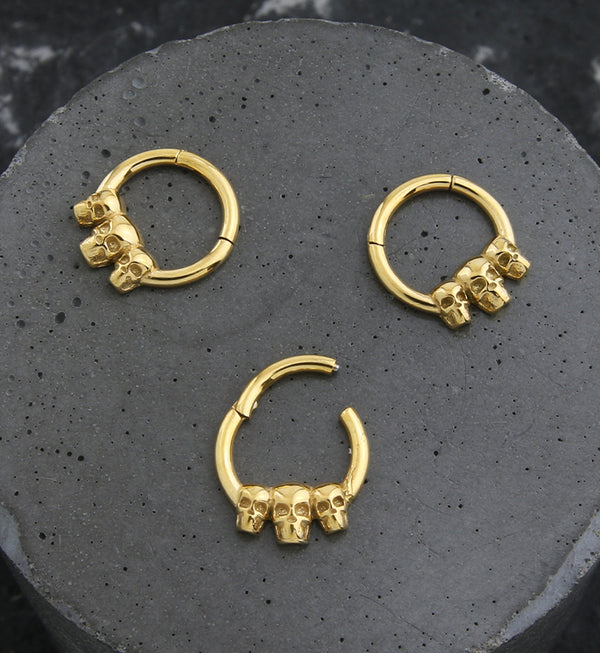 Gold PVD Triple Skull Stainless Steel Hinged Segment Ring