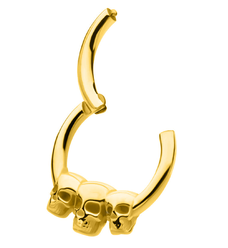 Gold PVD Triple Skull Stainless Steel Hinged Segment Ring