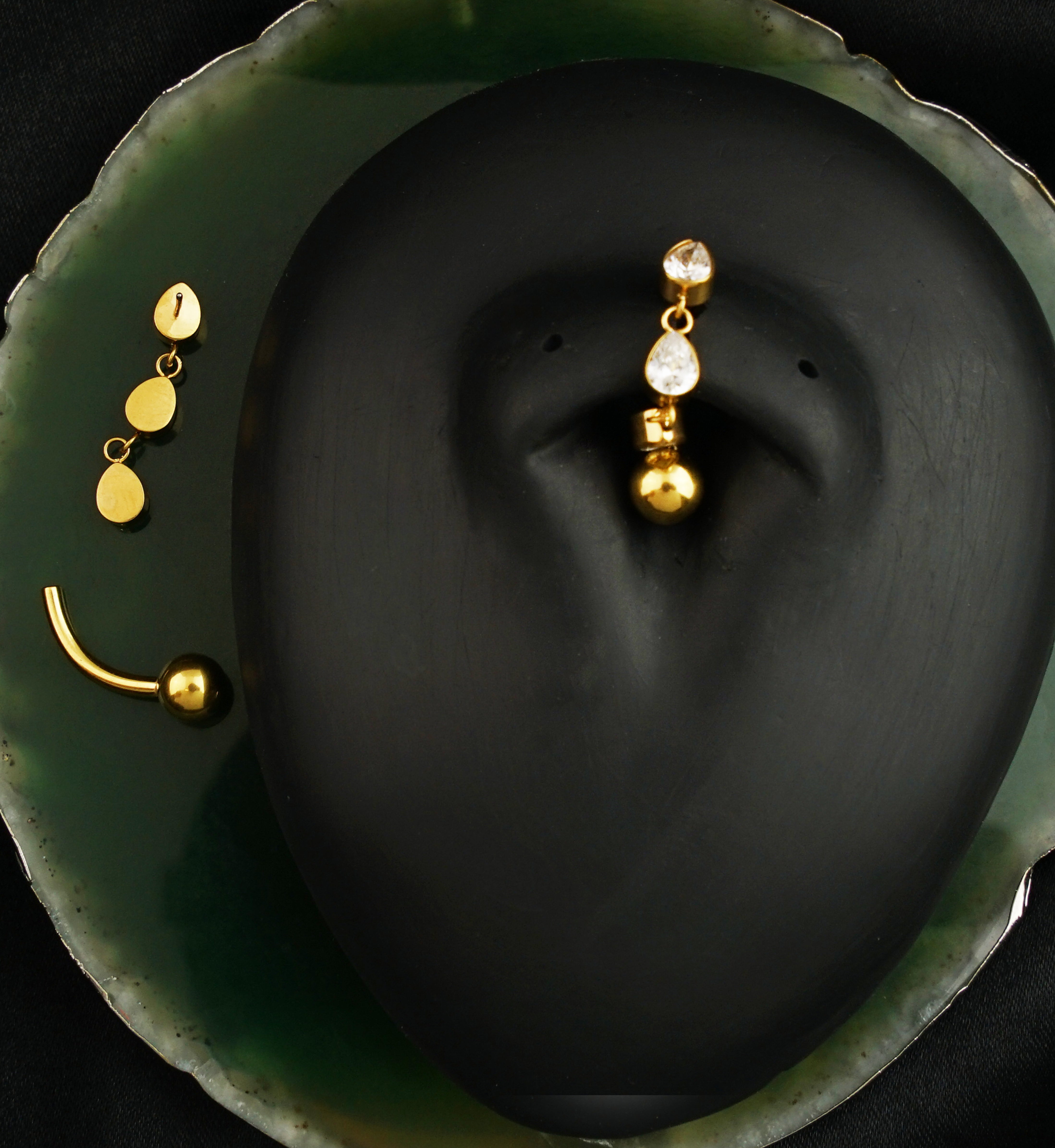 Gold PVD Triple Teardrop Dangle Clear CZ Titanium Threadless Belly Button Ring