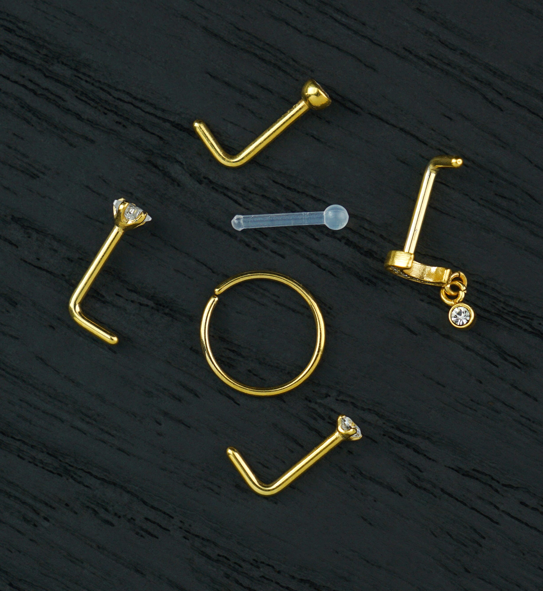 Gold PVD Twilight Dangle Clear CZ Stainless Steel L Bend/Stud/Hoop Variety Pack (6 Pack)