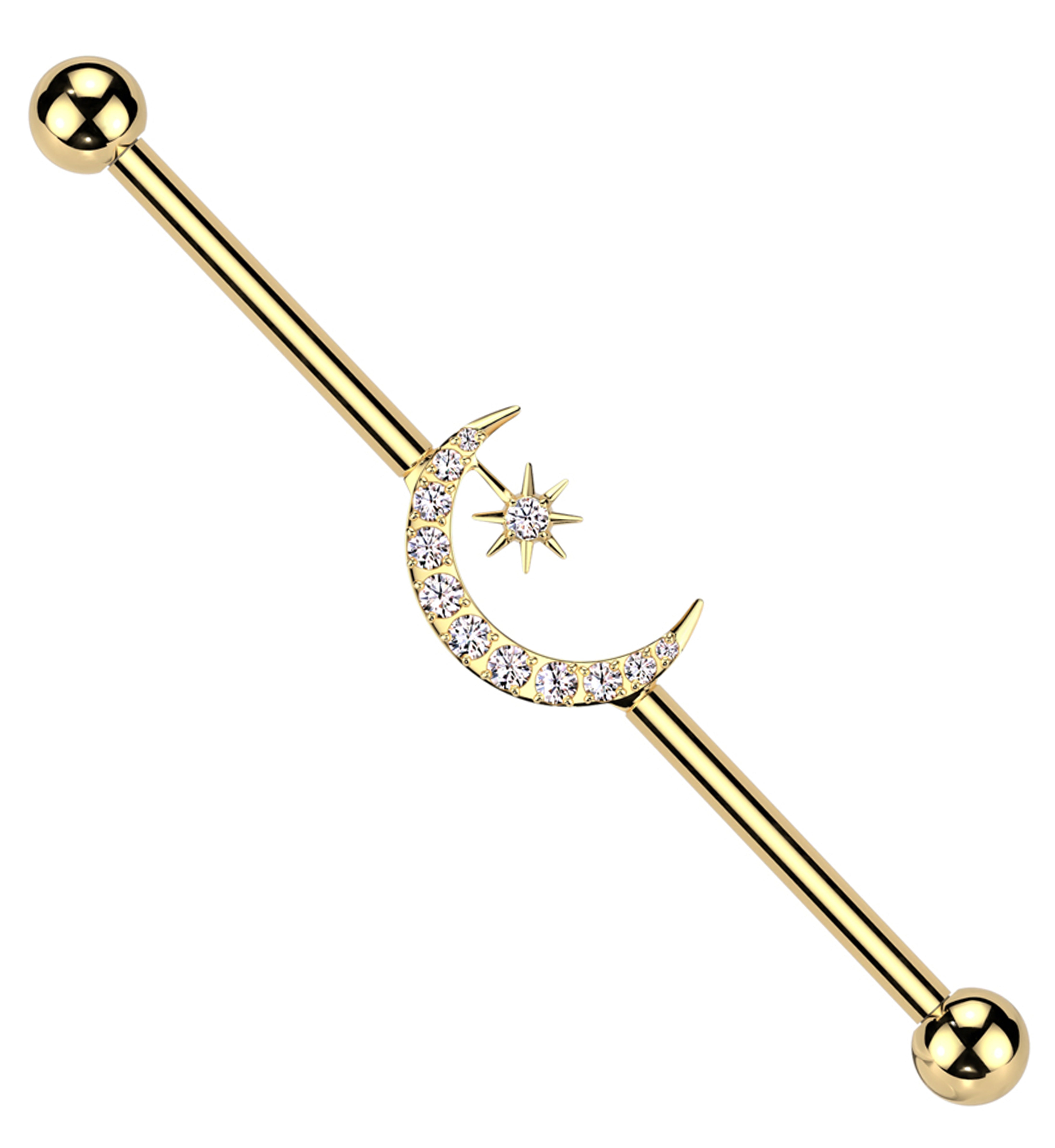 Gold PVD Twilight Moon And Star Clear CZ Internally Threaded Titanium Industrial Barbell