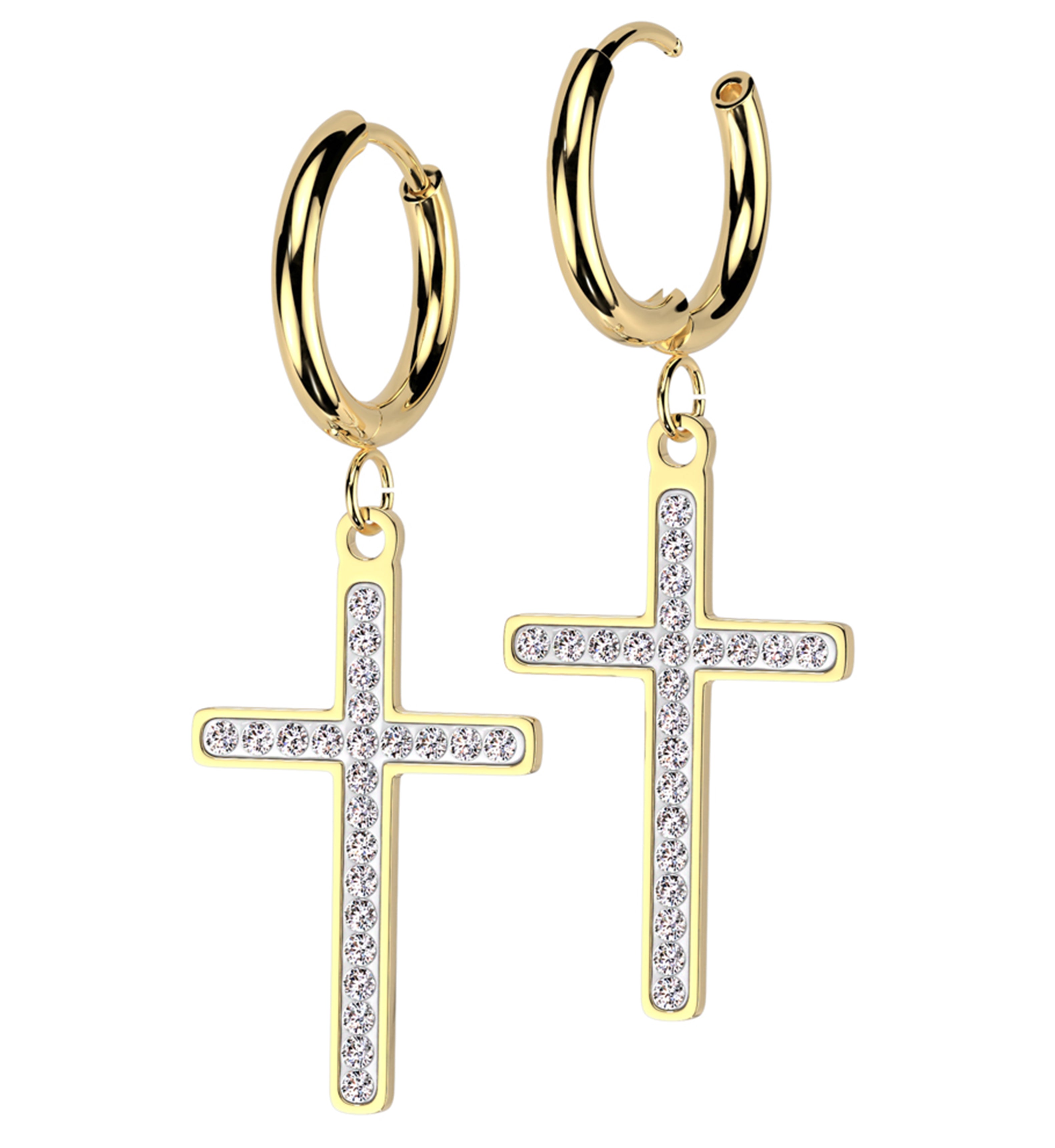 Gold PVD White Cross Clear CZ Stainless Steel Hoop Earrings