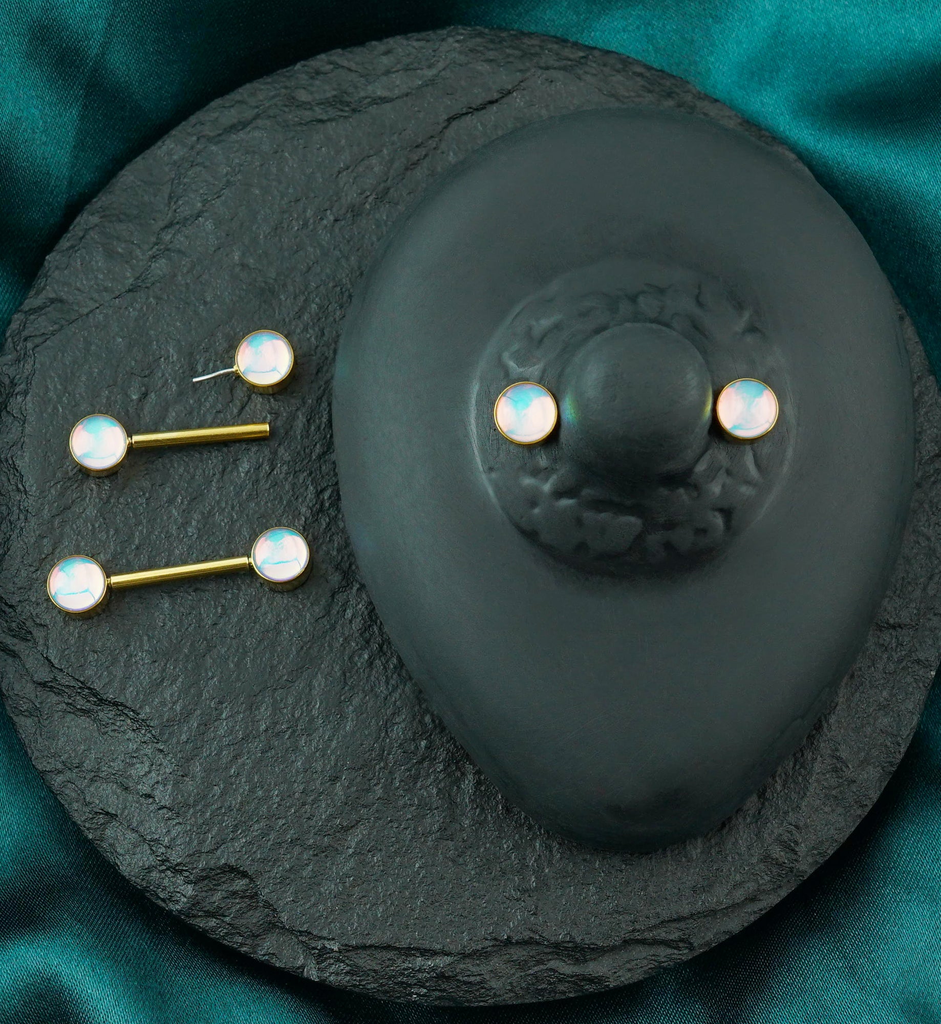 Gold PVD White Iridescent Gem Stainless Steel Nipple Ring Barbell