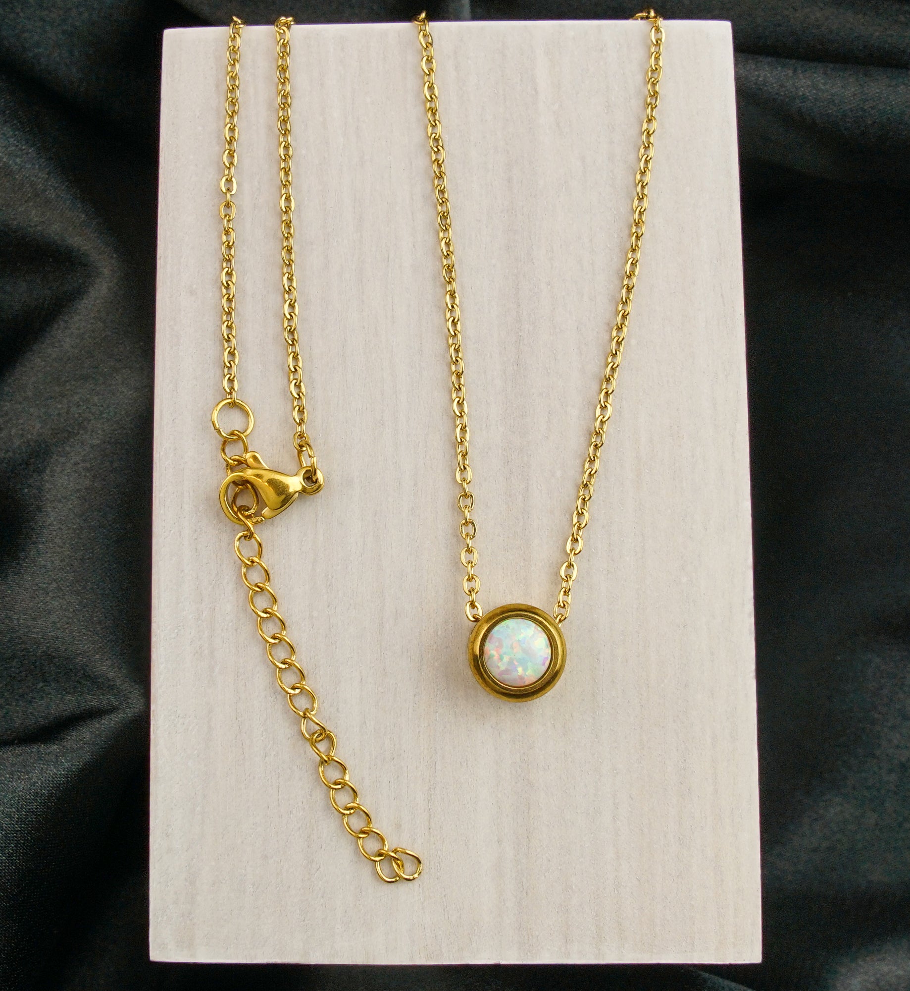 Gold PVD White Opalite Pendant Stainless Steel Necklace