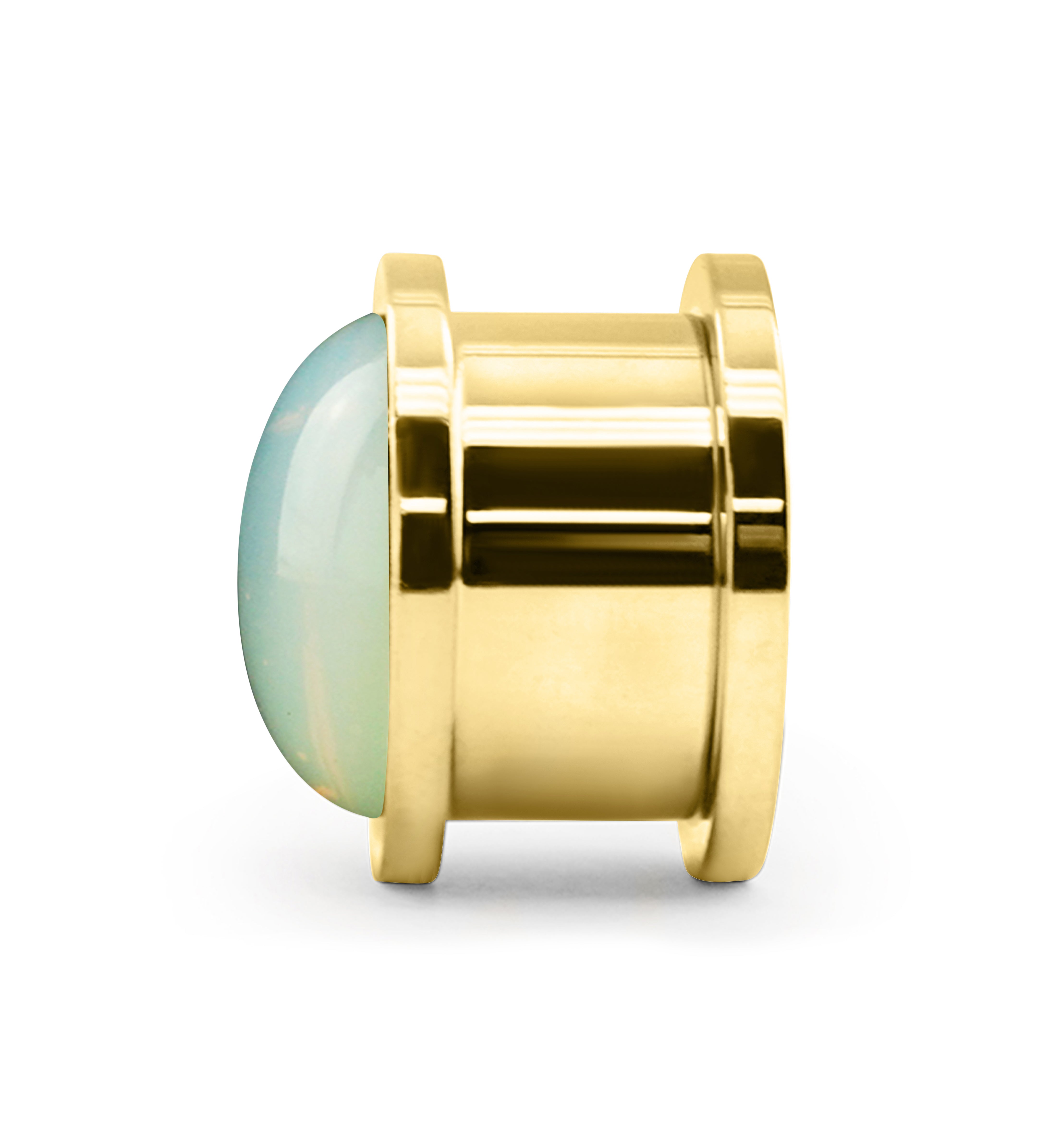 Gold PVD Cabochon White Opalite Stainless Steel Screw Back Tunnel Plugs