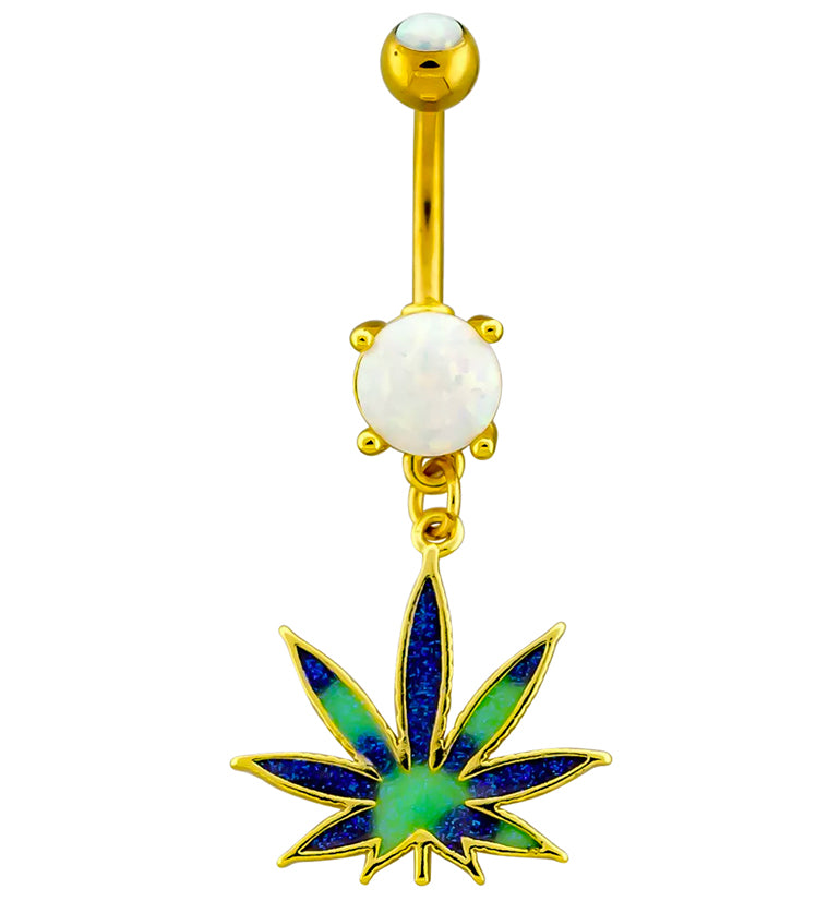 Gold PVD White Opalite Tie Dye Pot Leaf Stainless Steel Belly Button Ring