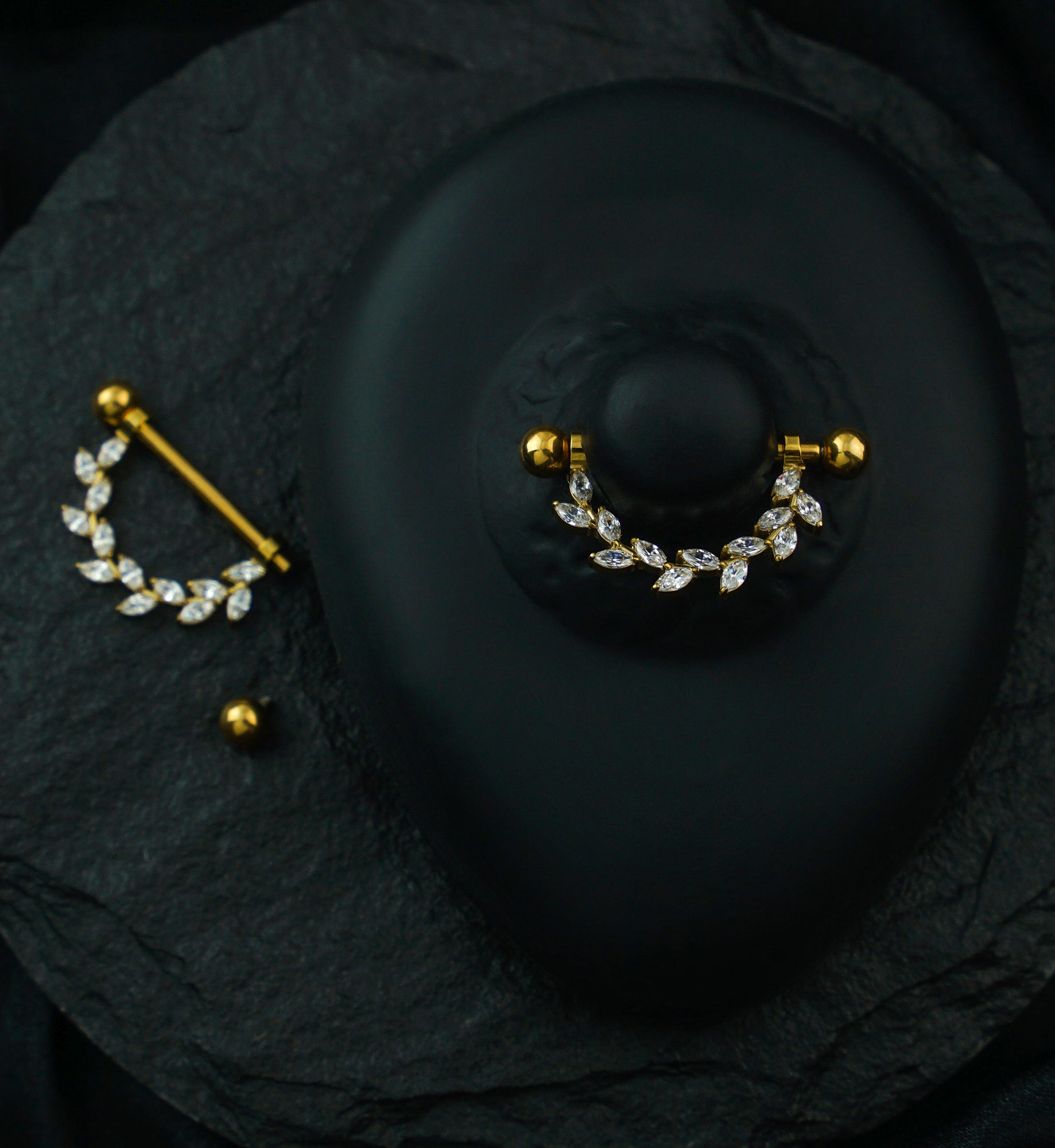 Gold PVD Wreath Clear CZ Internally Threaded Titanium Nipple Barbells