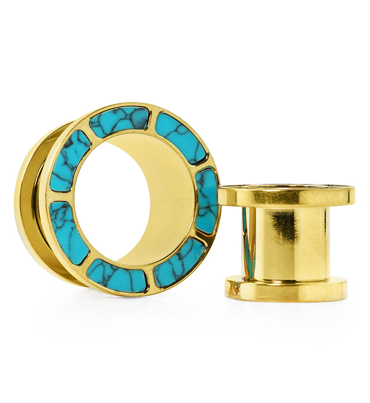 Gold PVD Howlite Turquoise Rim Stainless Steel Tunnel Plugs