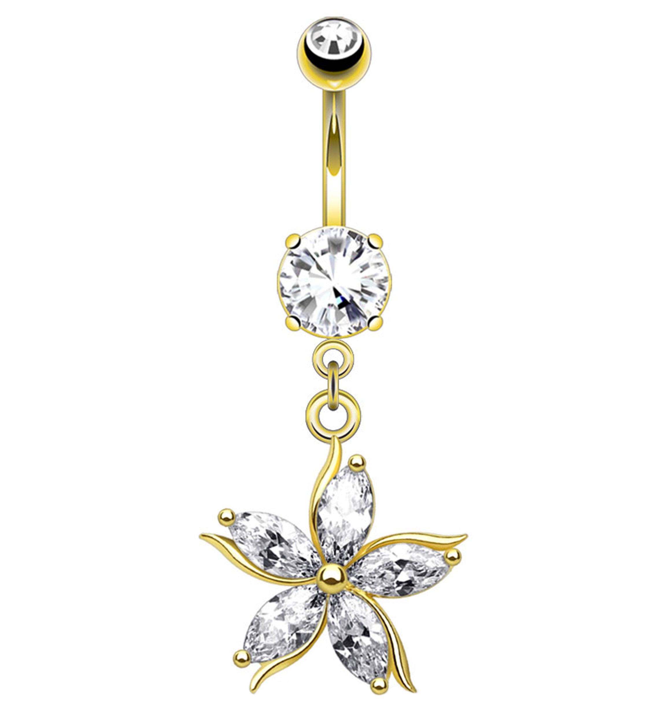 Golden Floral CZ Stainless Steel Belly Button Ring