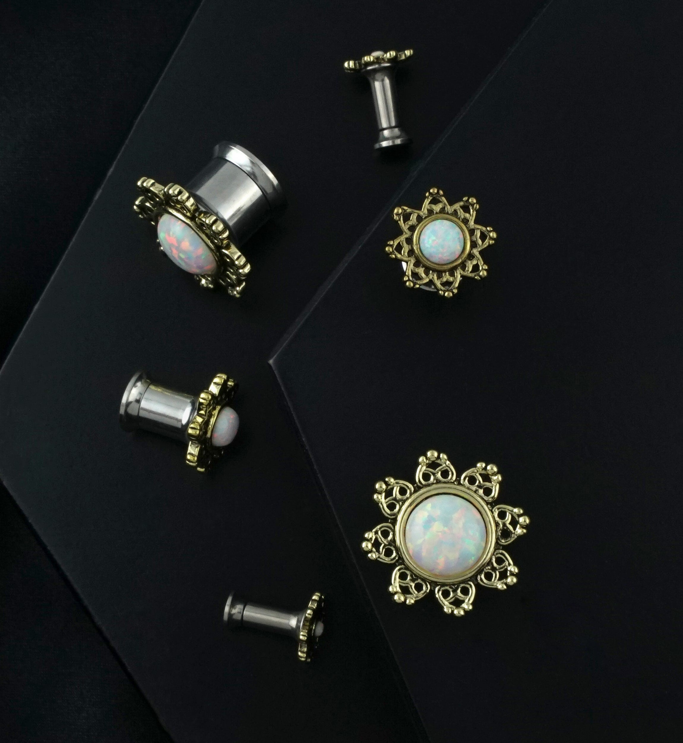 Golden Lotus With Opalite Dome Stainless Steel Plugs