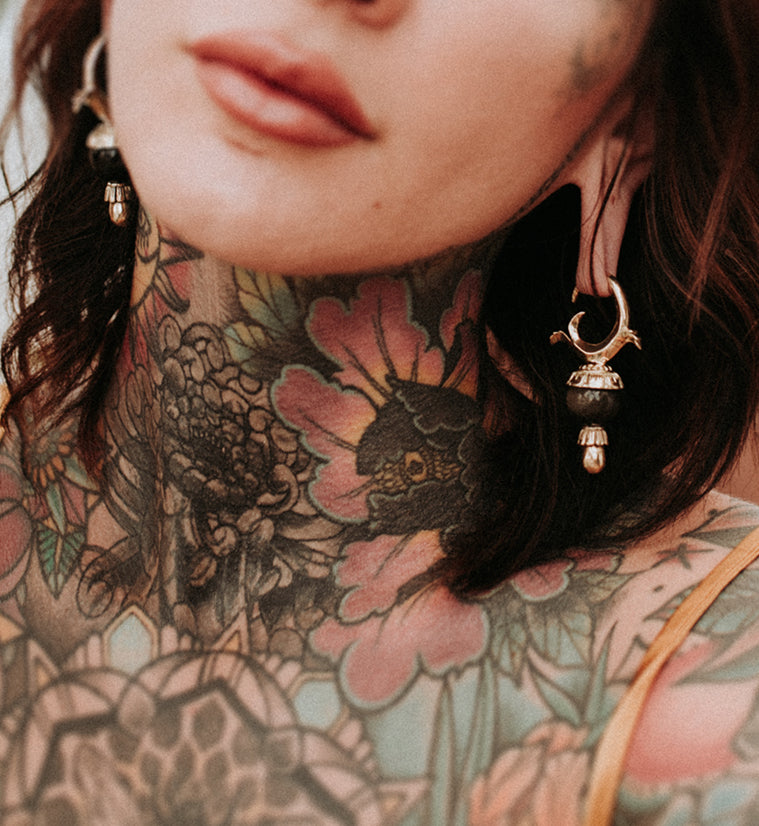 Golden Obsidian Stone White Brass Totum Ear Weights