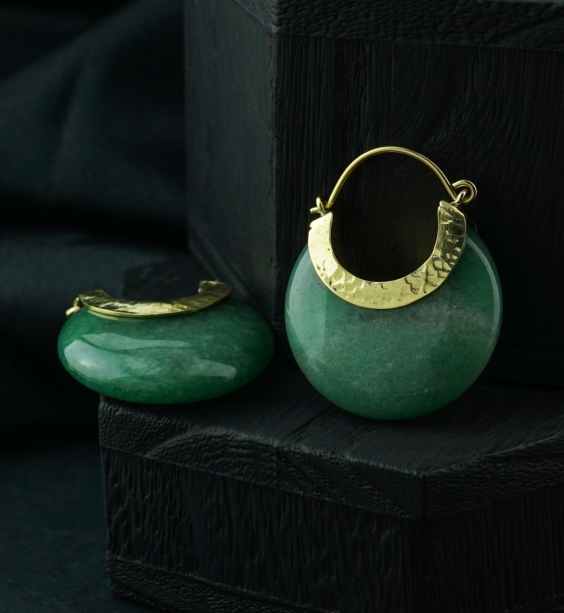 Green Aventurine Hammered Brass Stone Earrings
