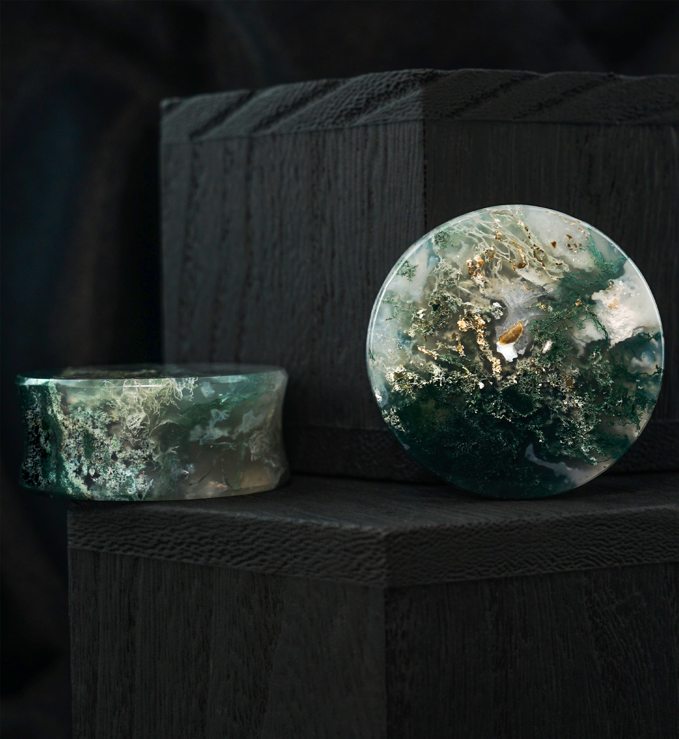 Green Moss Agate Stone Plugs 1 & 3/8" (35mm) Version 1