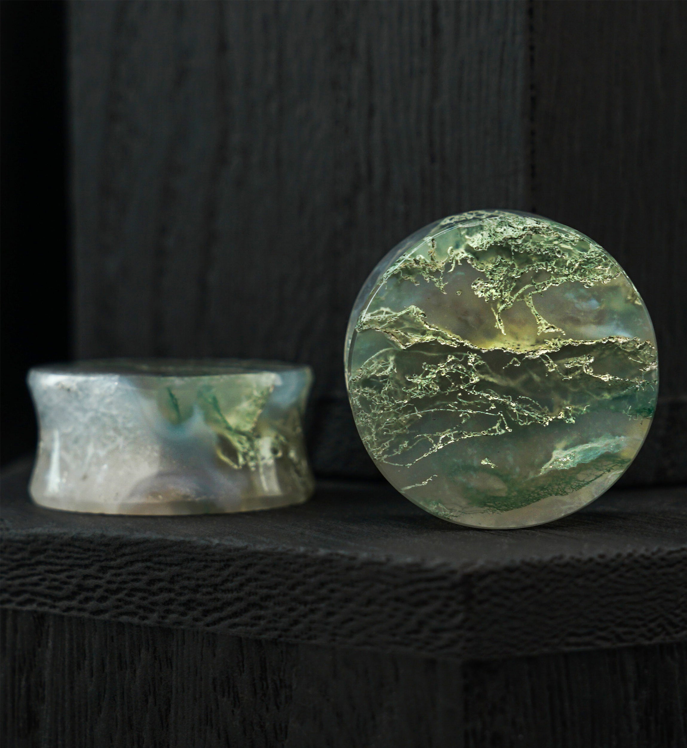 Green Moss Agate Stone Plugs (7/8" - 21mm) Version 1