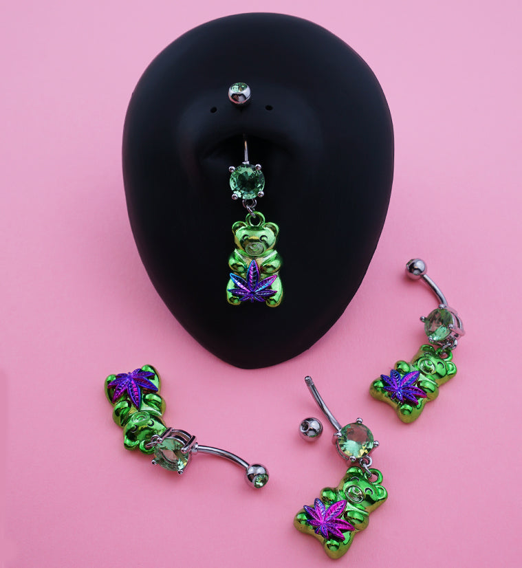 Green PVD Gummy Bear Hemp Leaf Stainless Steel Belly Button Ring