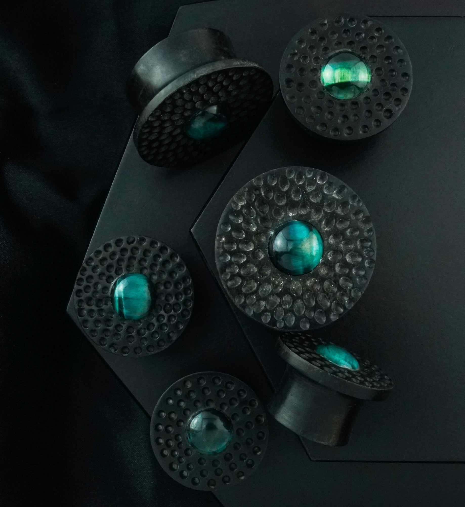 Hammered Green Tiger Eye Stone Areng Wood Mayan Flare Plugs