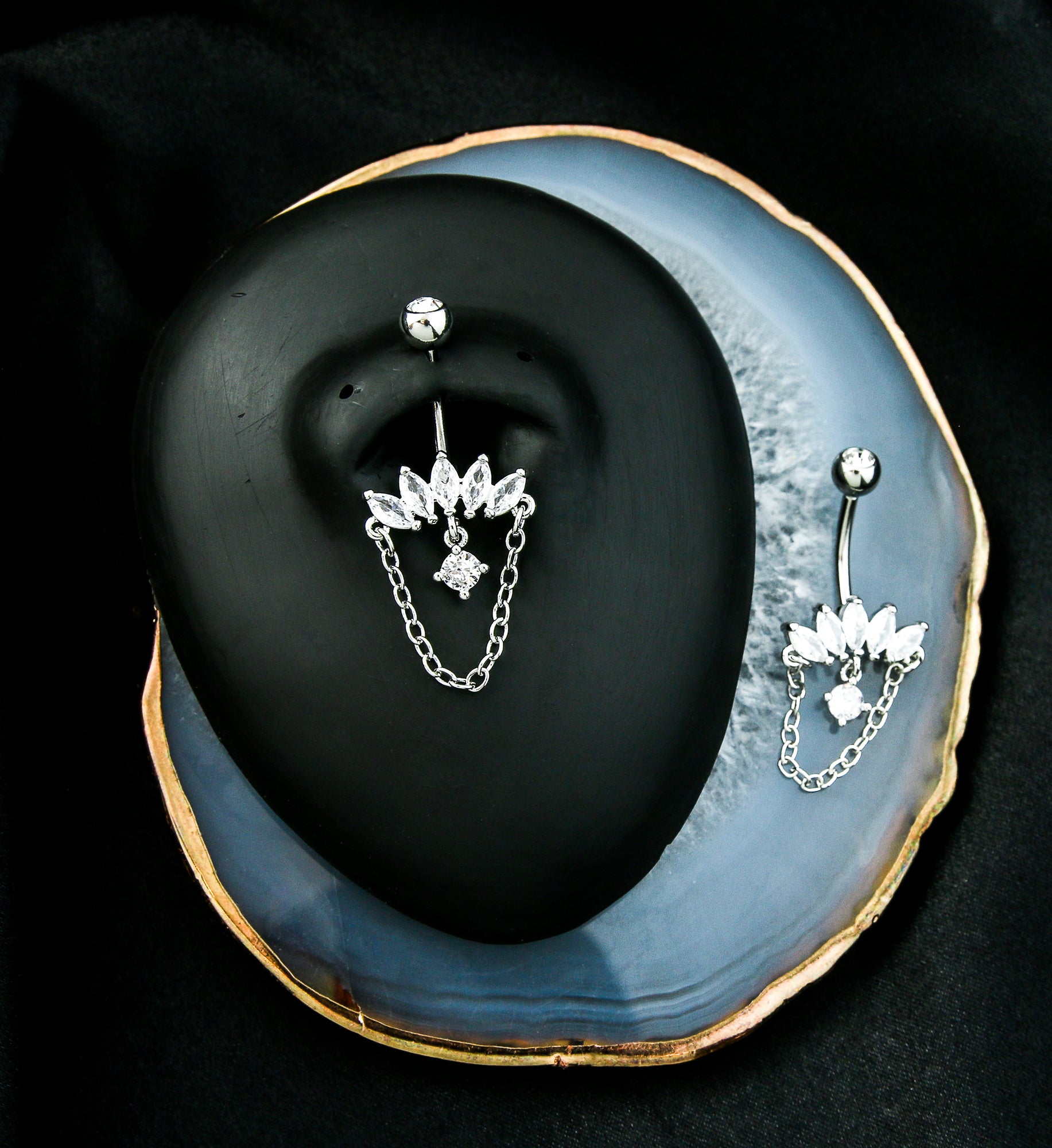 Half Crown Clear CZ Dangle Chain Stainless Steel Belly Button Ring