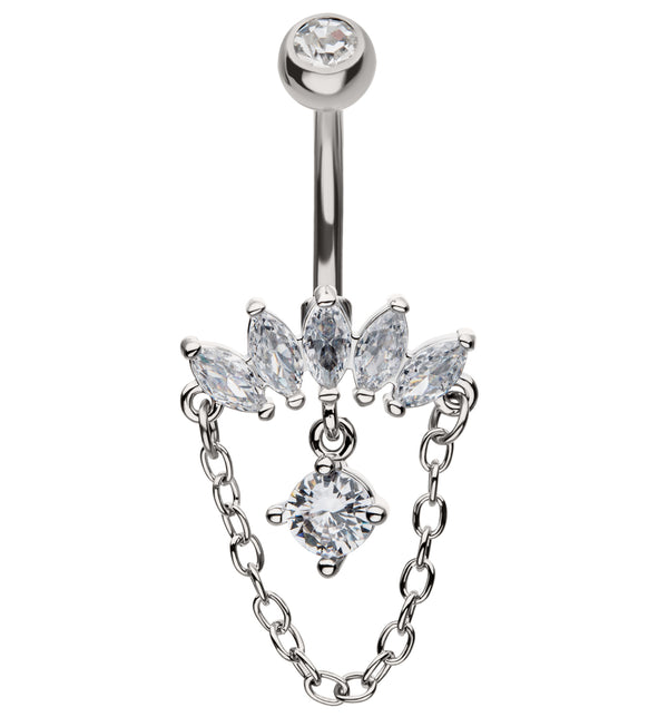 Half Crown Clear CZ Dangle Chain Stainless Steel Belly Button Ring
