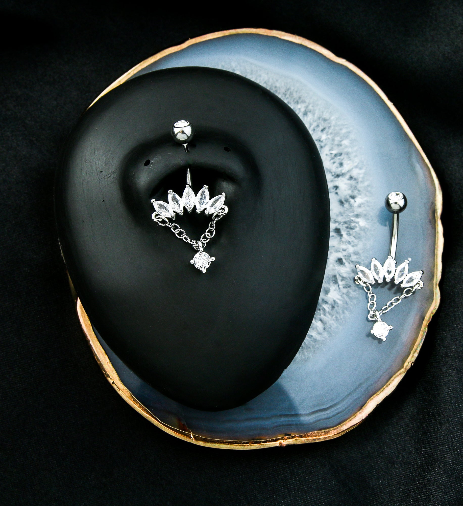 Half Crown Clear CZ Dangle Stainless Steel Belly Button Ring