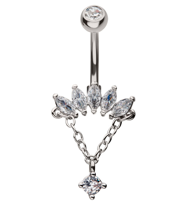 Half Crown Clear CZ Dangle Stainless Steel Belly Button Ring