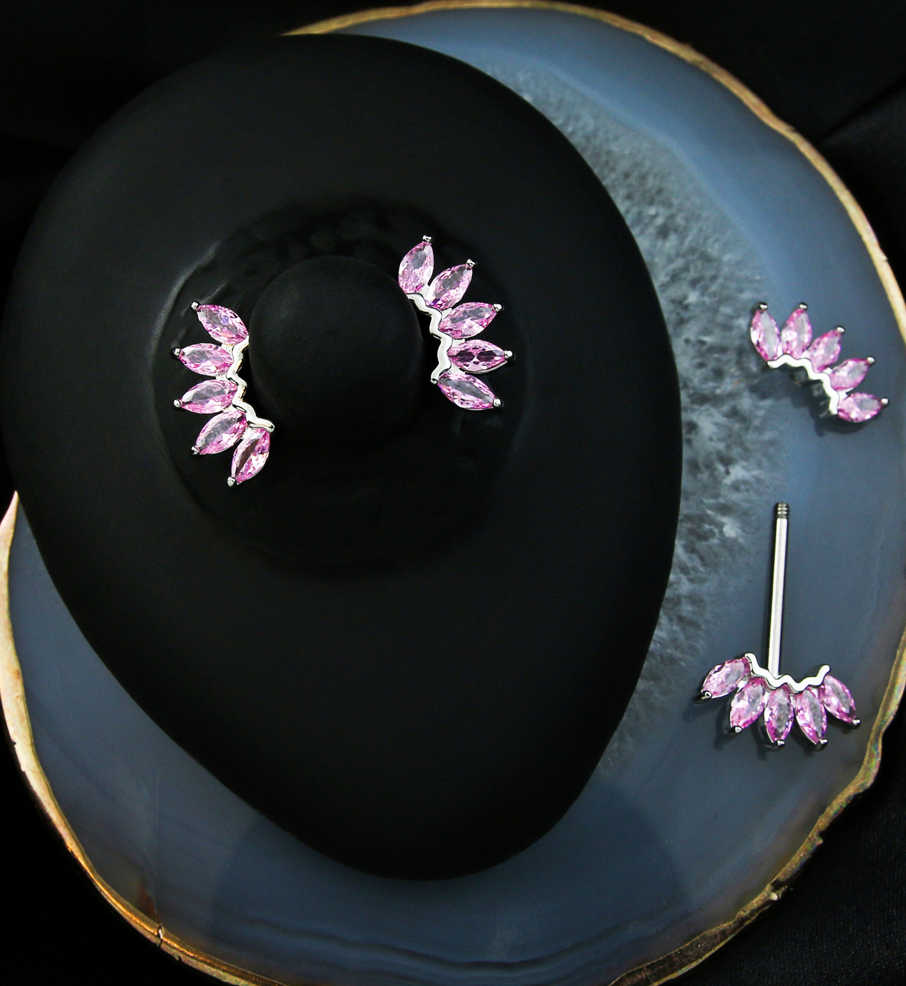 Half Crown Pink CZ Stainless Steel Nipple Barbell