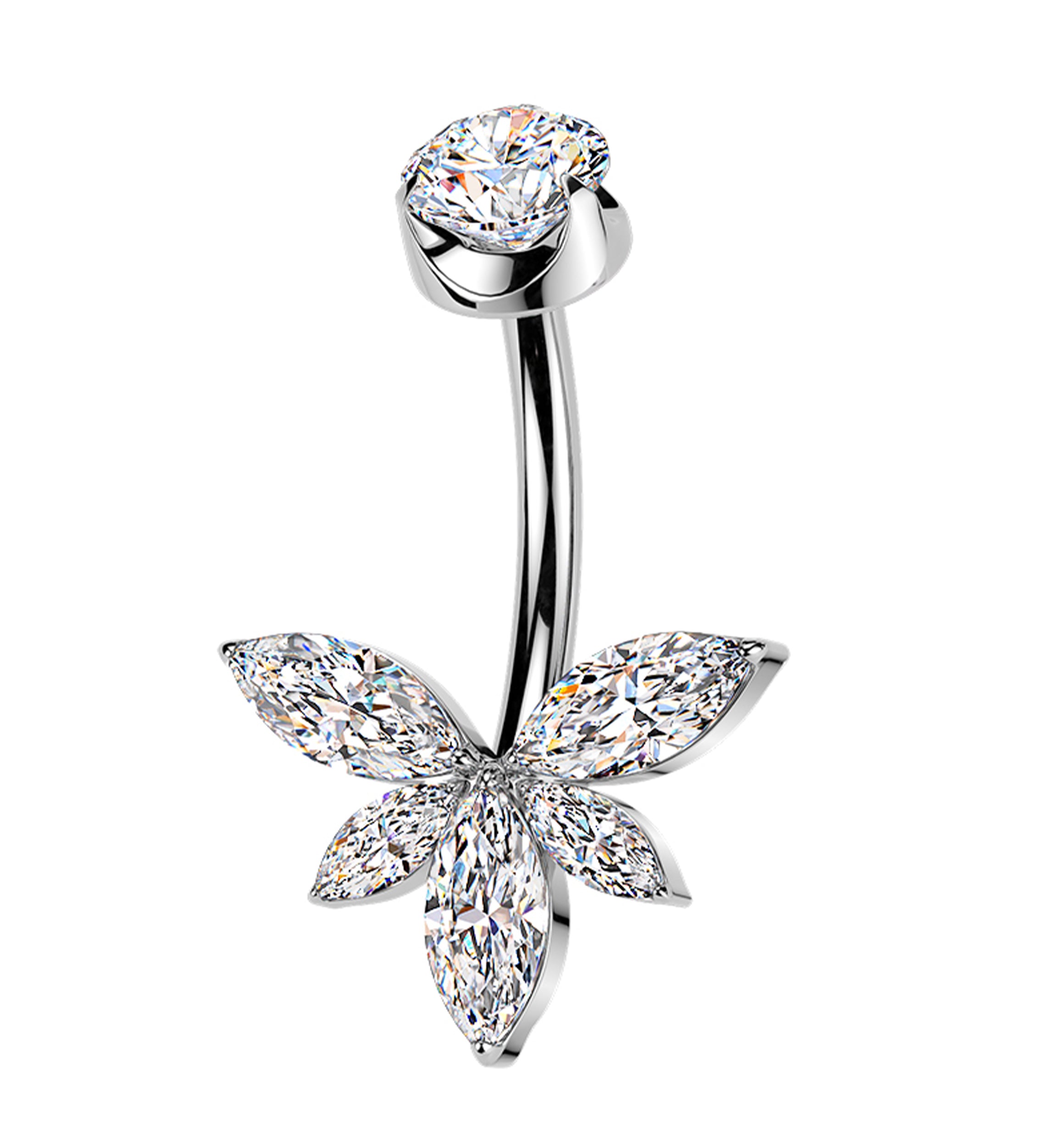 Half Flower Clear CZ Internally Threaded Titanium Belly Button Ring