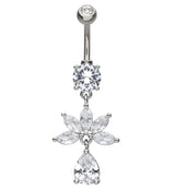 Half Flower Marquise Clear CZ Teardrop Dangle Stainless Steel Belly Button Ring