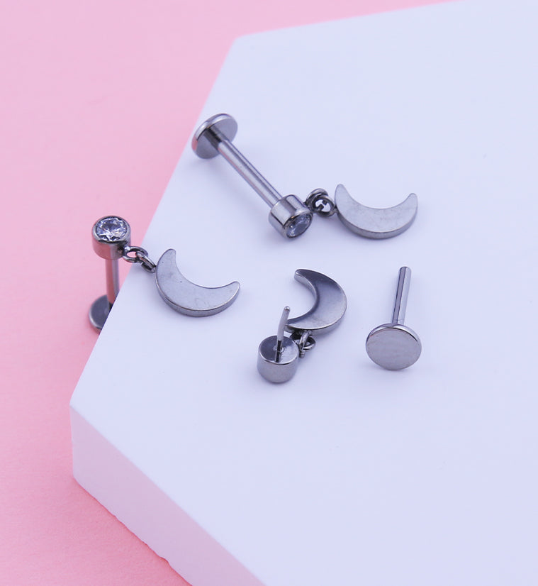 Half Moon Dangle Clear CZ Titanium Threadless Labret
